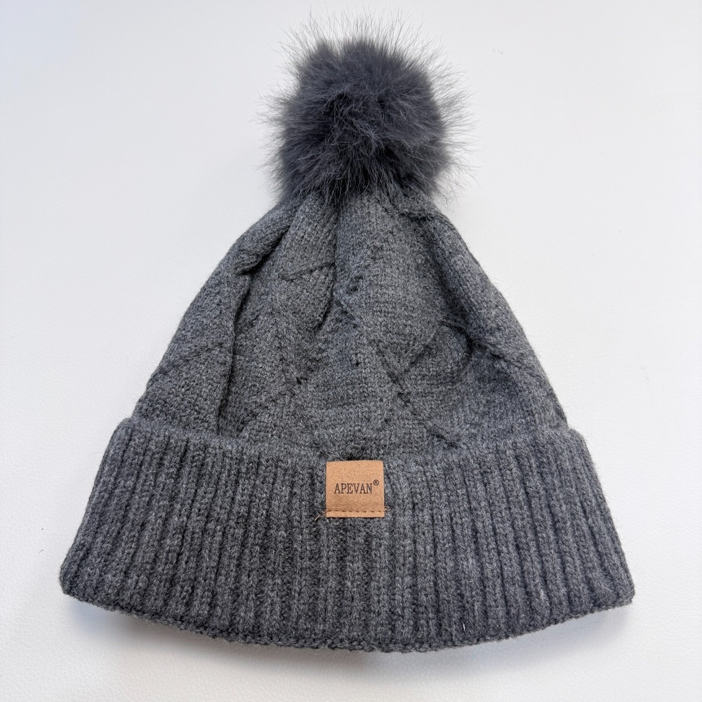 Apevan Gray‎ Cable Knit Pom Beanie Faux Fur Lined Winter Hat